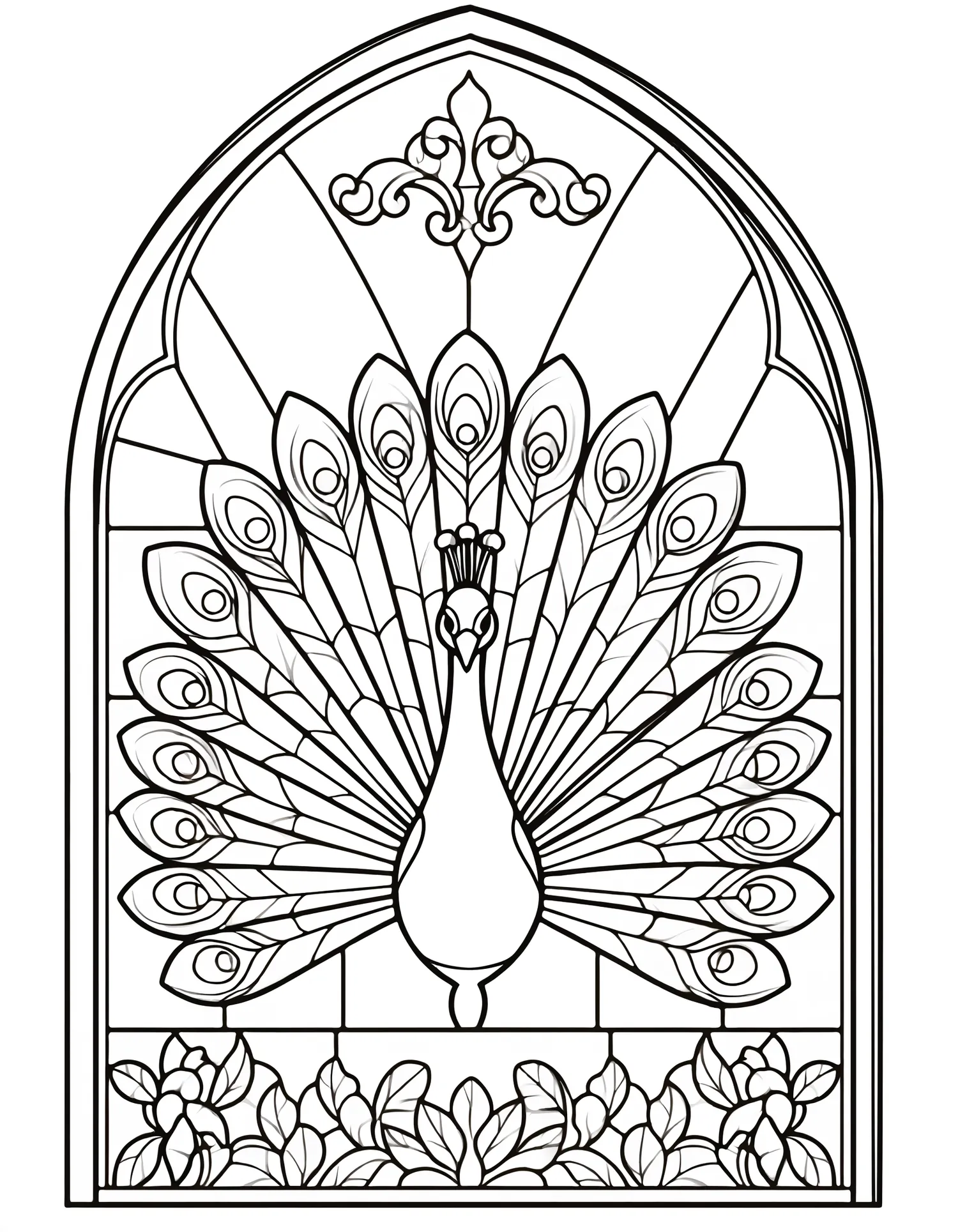 Vitrail Paon Royal — Coloriage vintage à imprimer gratuitement